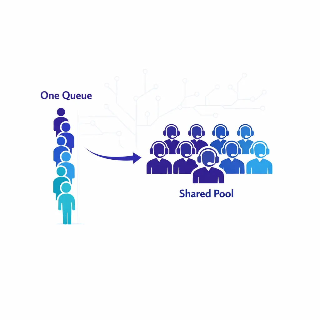 A clean single shared queue feeds interchangeable agents, contrasting with hidden complexity beyond the model.