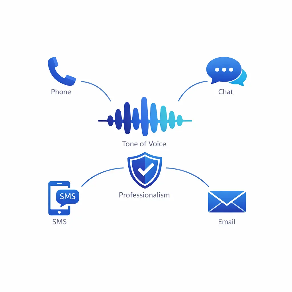 Phone, chat, SMS, and email icons share one consistent voice and service standard.