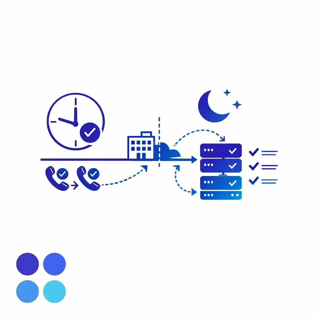 A day-to-night coverage graphic shows overflow calls routed smoothly without missed customer contacts.