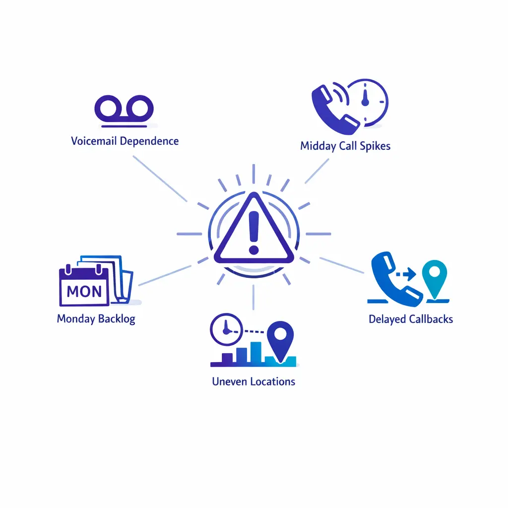 Operational warning signals like voicemail, spikes, backlog, and missed callbacks appear in a simple alert layout.