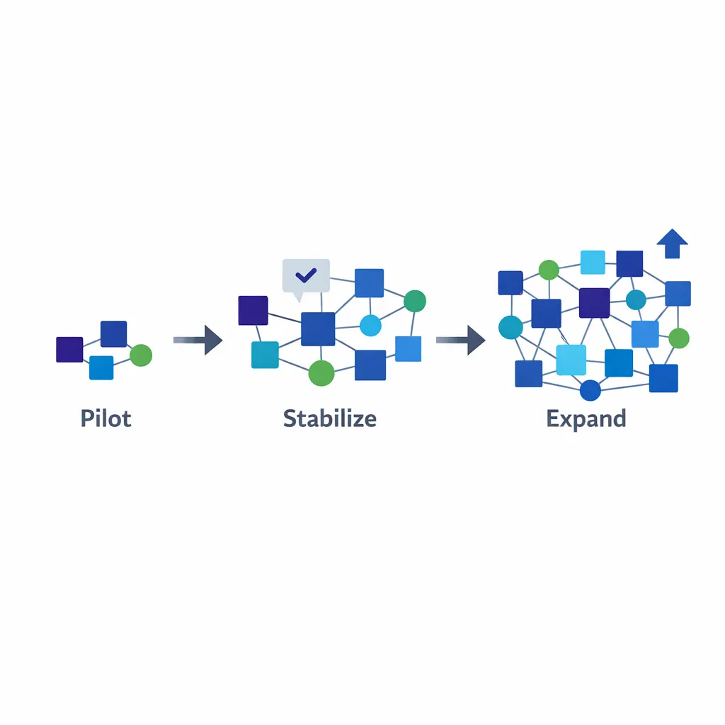 A phased rollout graphic shows a small pilot growing into broader chat coverage through controlled expansion.
