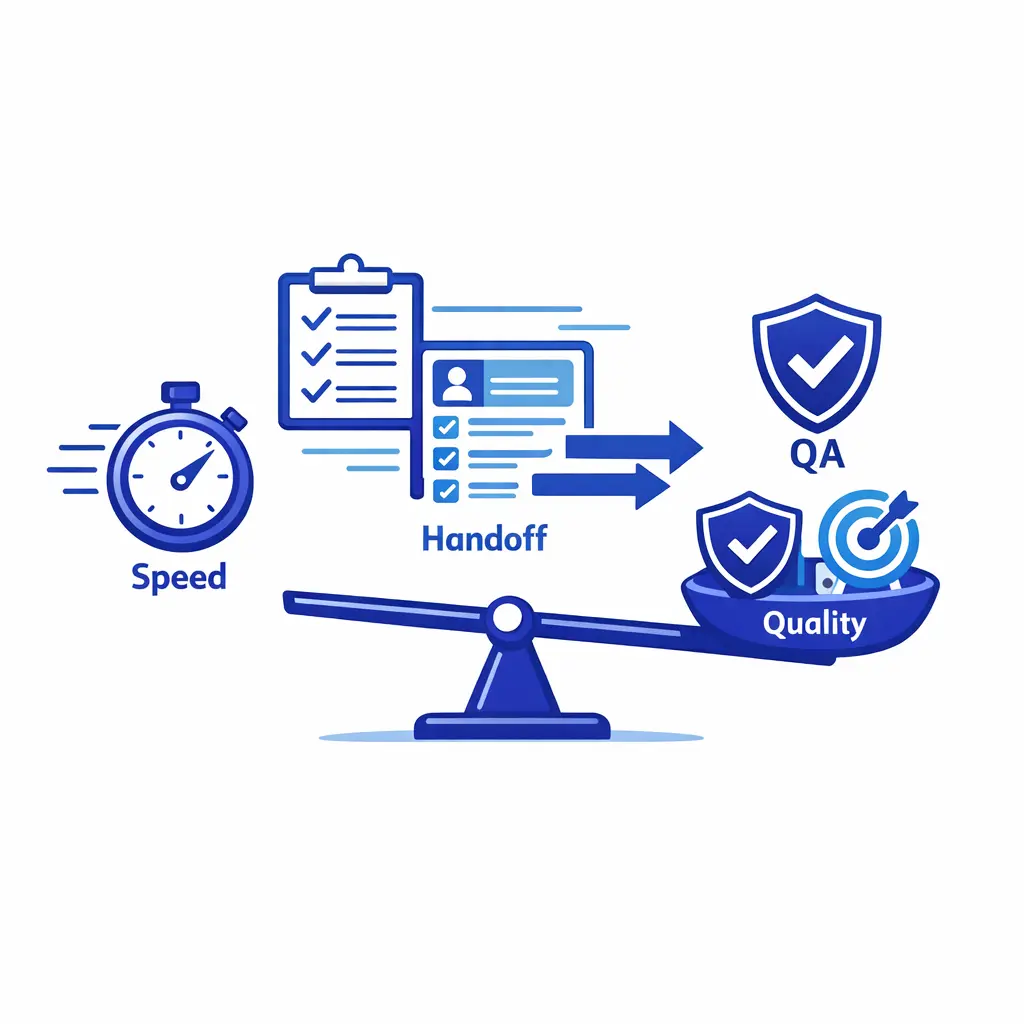 A checklist, data fields, and handoff arrows show that speed alone does not ensure quality intake.