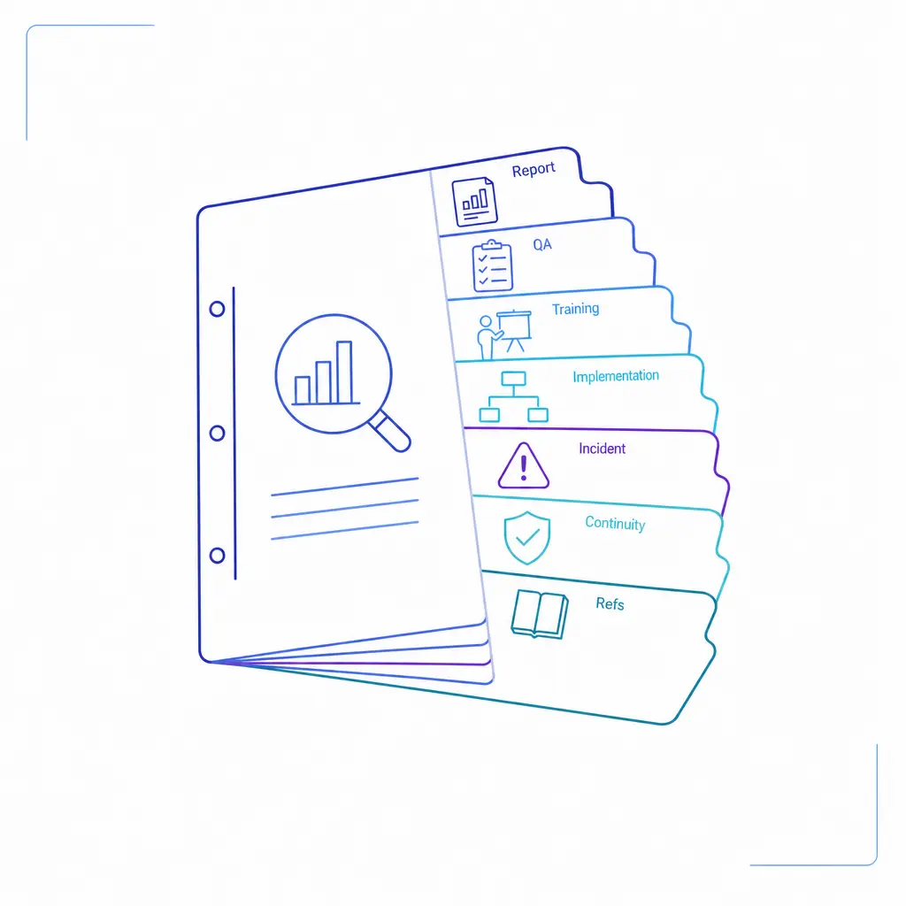 Sample reports, QA rubrics, training plans, and continuity docs are presented as proof items for diligence.