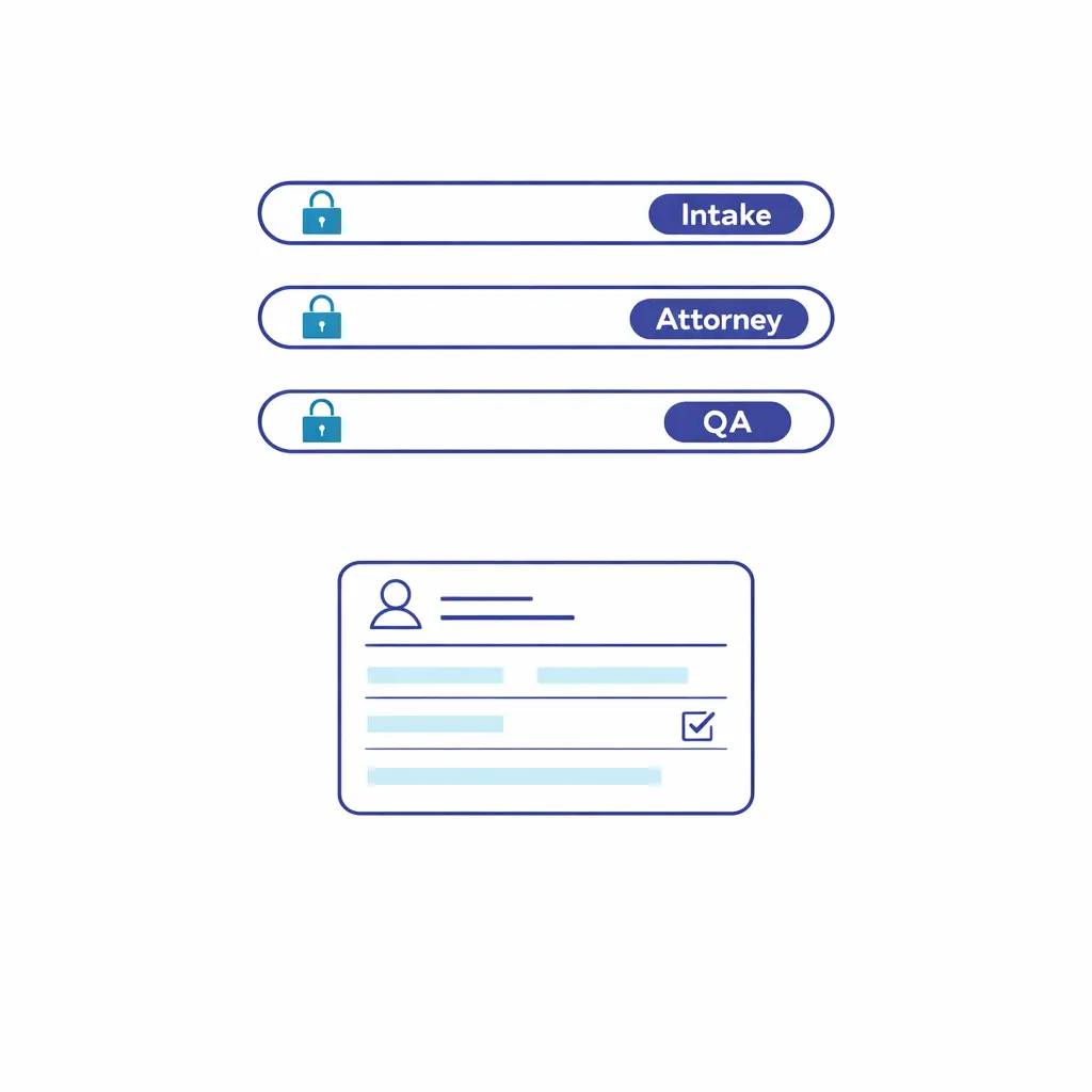 Role-based access and minimized data are shown with locks and segmented lanes.