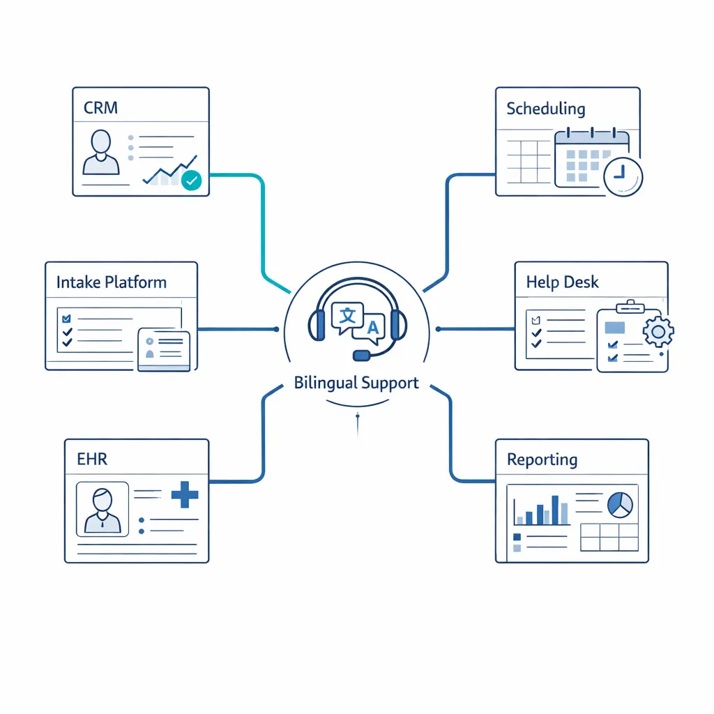 CRM, scheduling, intake, ticketing, and reporting systems connect through a bilingual answering workflow in a clean diagram.