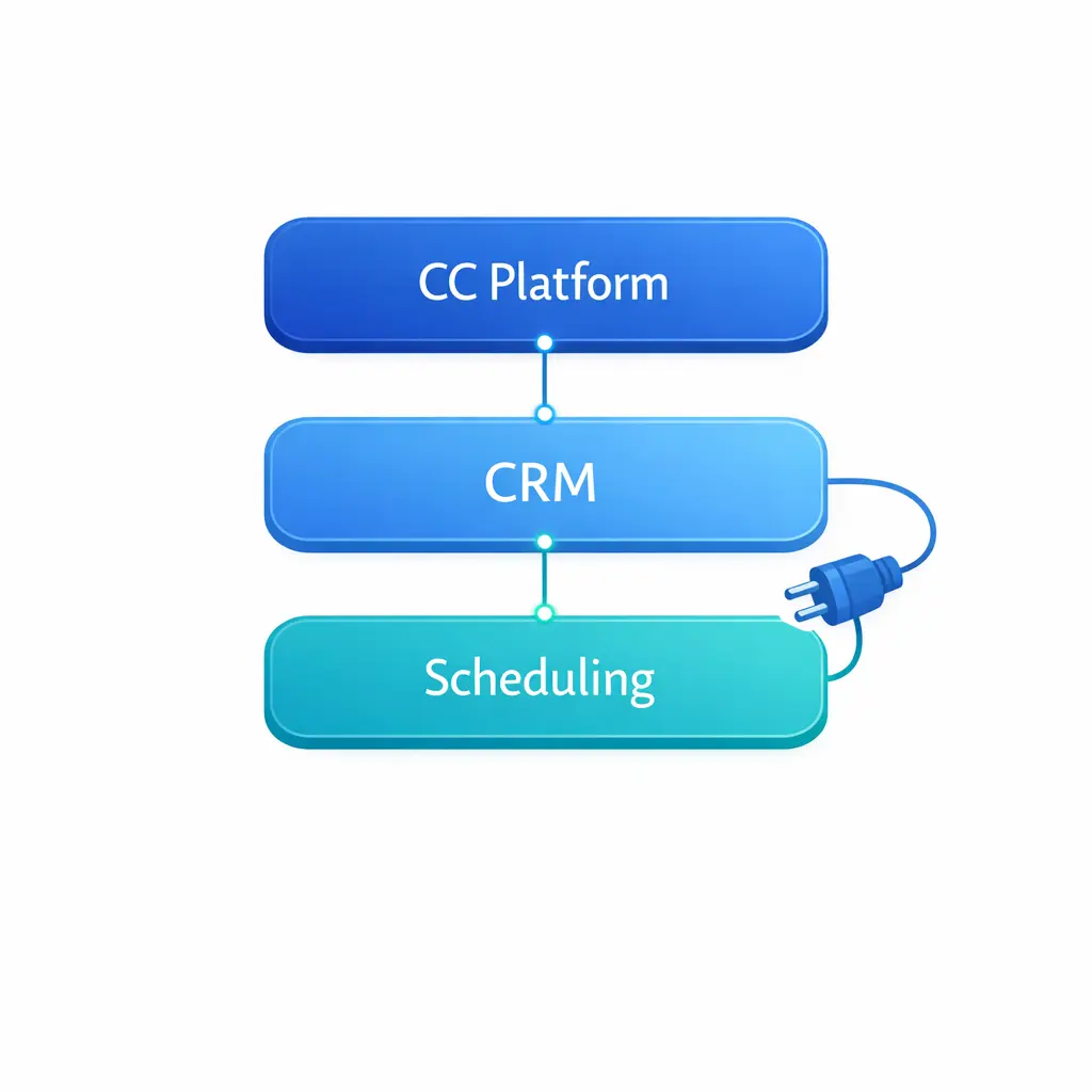 A clean stack of platform blocks connected by lines representing call platform, CRM, and scheduling integrations.