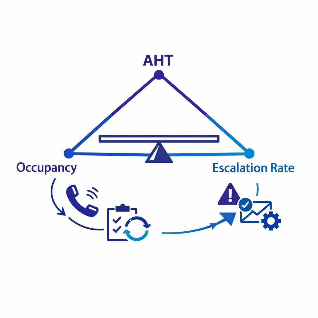 A balanced scale visual shows why handle time, occupancy, and escalation must be interpreted together.
