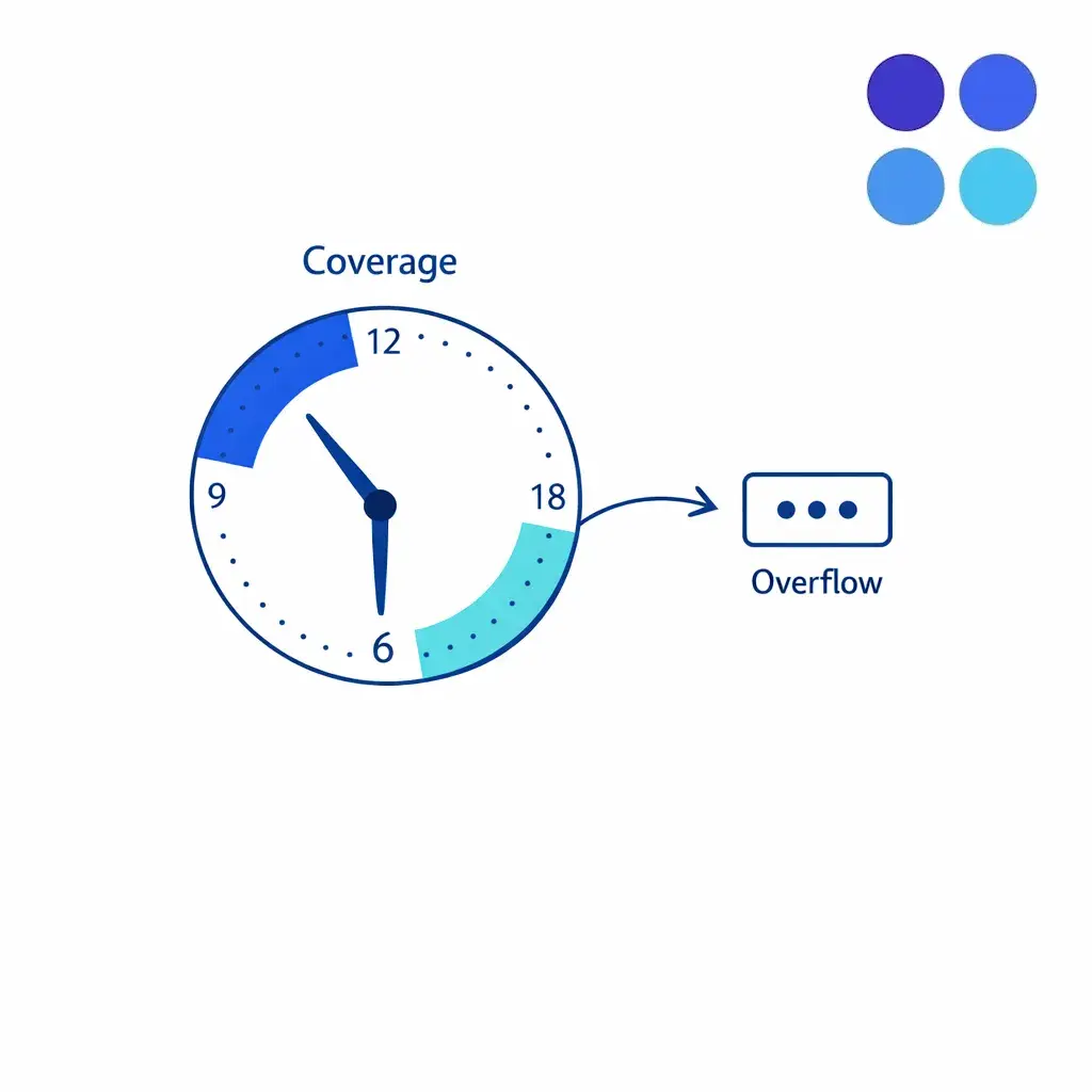 A coverage dial shows daytime and after-hours support with overflow routing to a secondary queue.