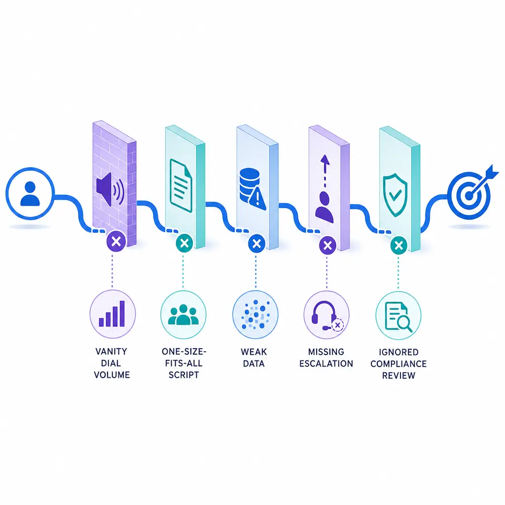 Five operational mistakes are shown as obstacles interrupting a smooth outbound process.
