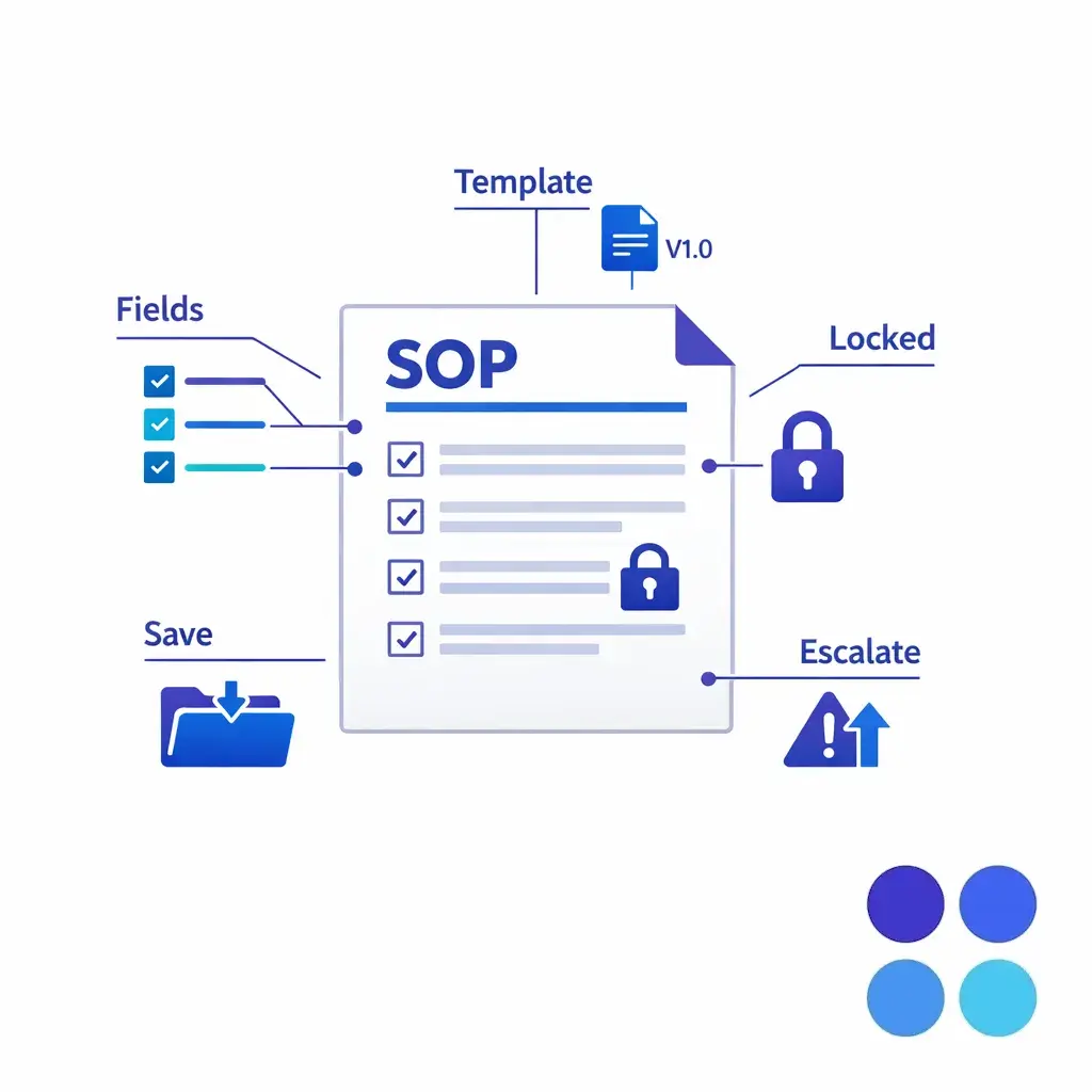A detailed SOP map shows exact fields, templates, save locations, and escalation triggers.