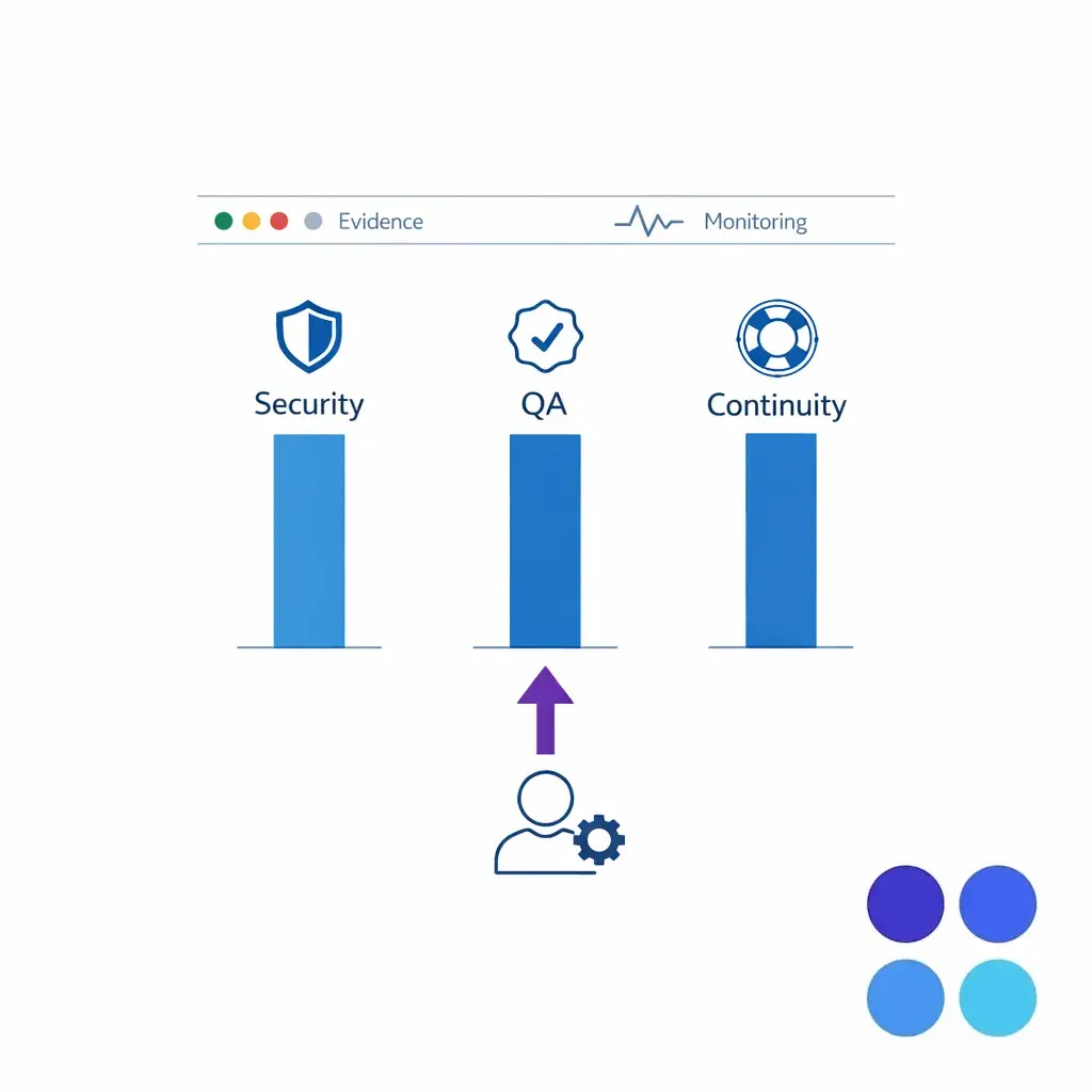 Three pillars represent security, quality assurance, and continuity with evidence, monitoring, and escalation paths.