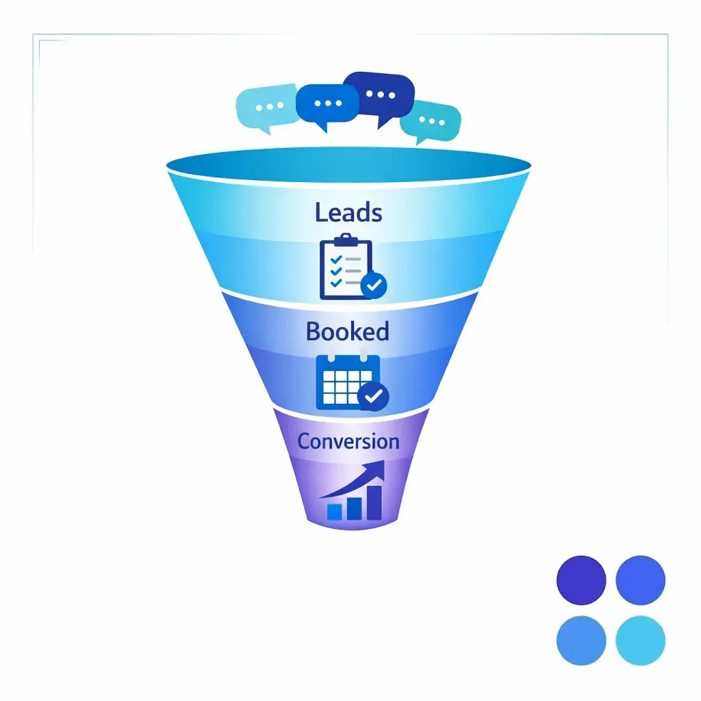 An enterprise funnel illustration tracks inbound chats into qualified leads, appointments, and conversions.