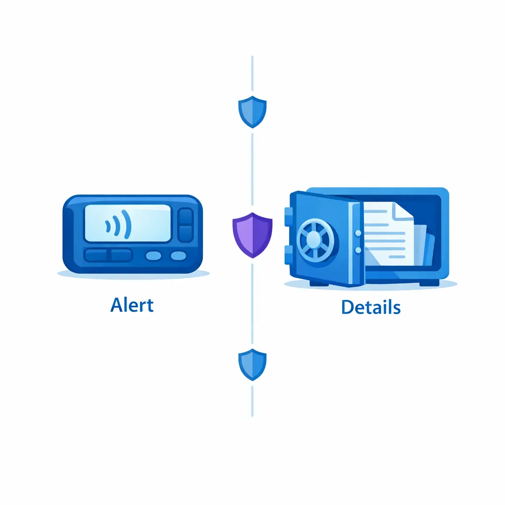 A boundary line separates brief alerts from detailed privileged intake records.