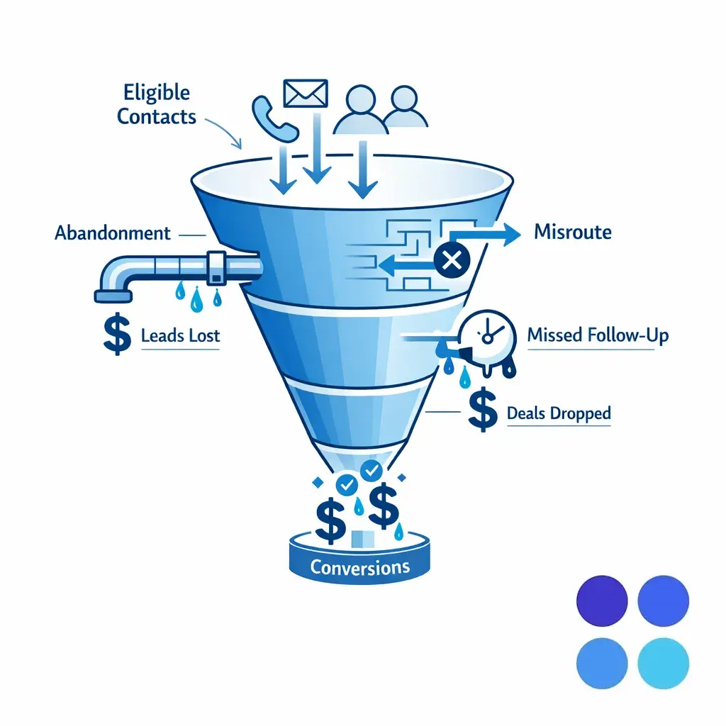 Eligible contacts leak from a pipeline before conversion, illustrating the business cost of service failures.