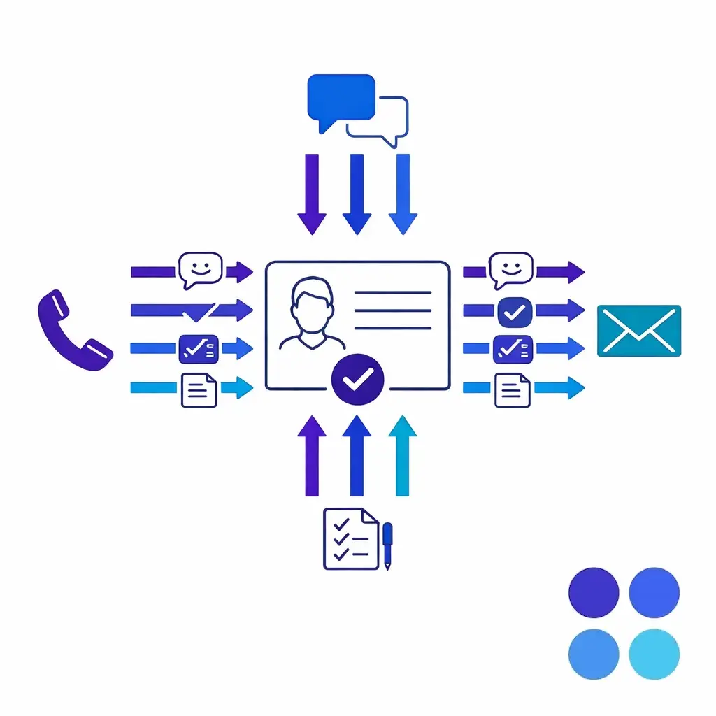 Phone, chat, and email icons connect to one shared standard and unified response path.