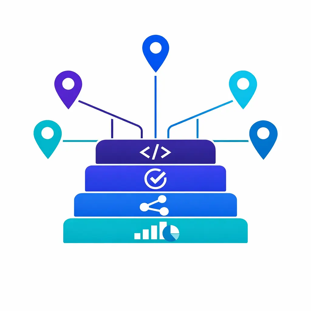 Several locations feed into one standardized service framework with unified rules and reporting.