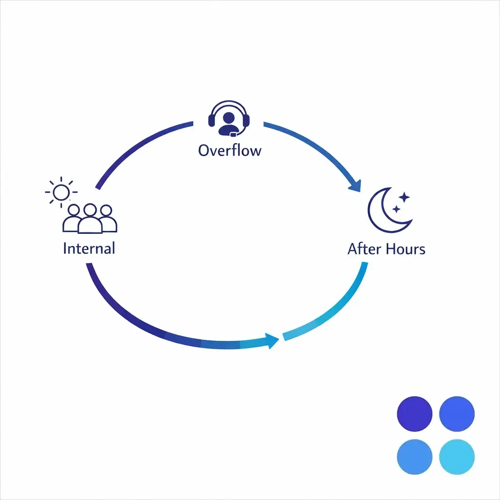A day-to-night coverage diagram shows internal teams handing off to overflow and after-hours support.