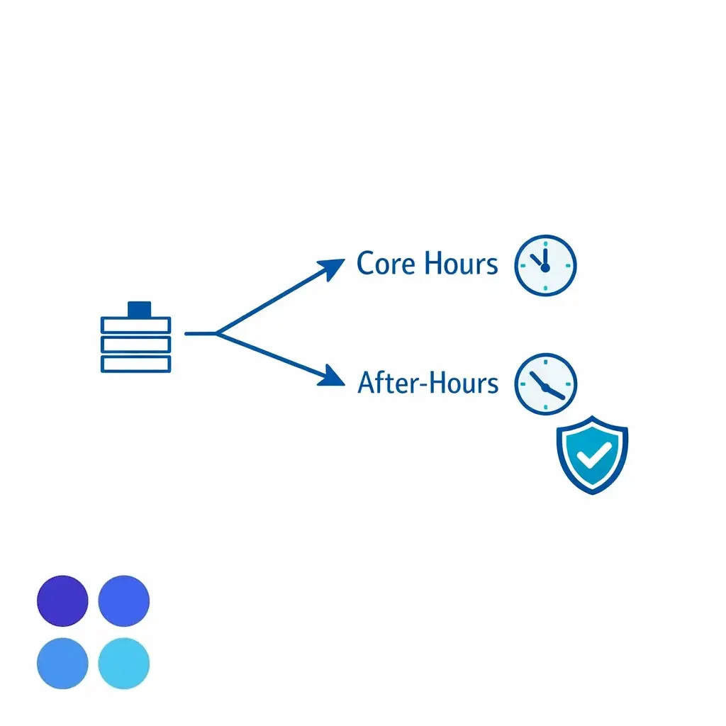 A clock and queue diagram show overflow routing to an after-hours team while maintaining QA controls.