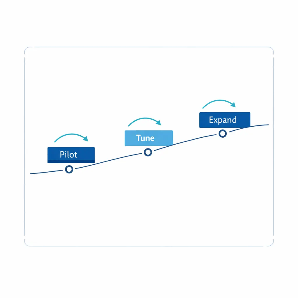 A staged launch path moves from pilot to expansion with tuning checkpoints between phases.