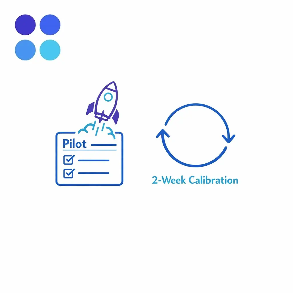 A launch icon and two-week calibration loop show how to start with a measured pilot rollout.