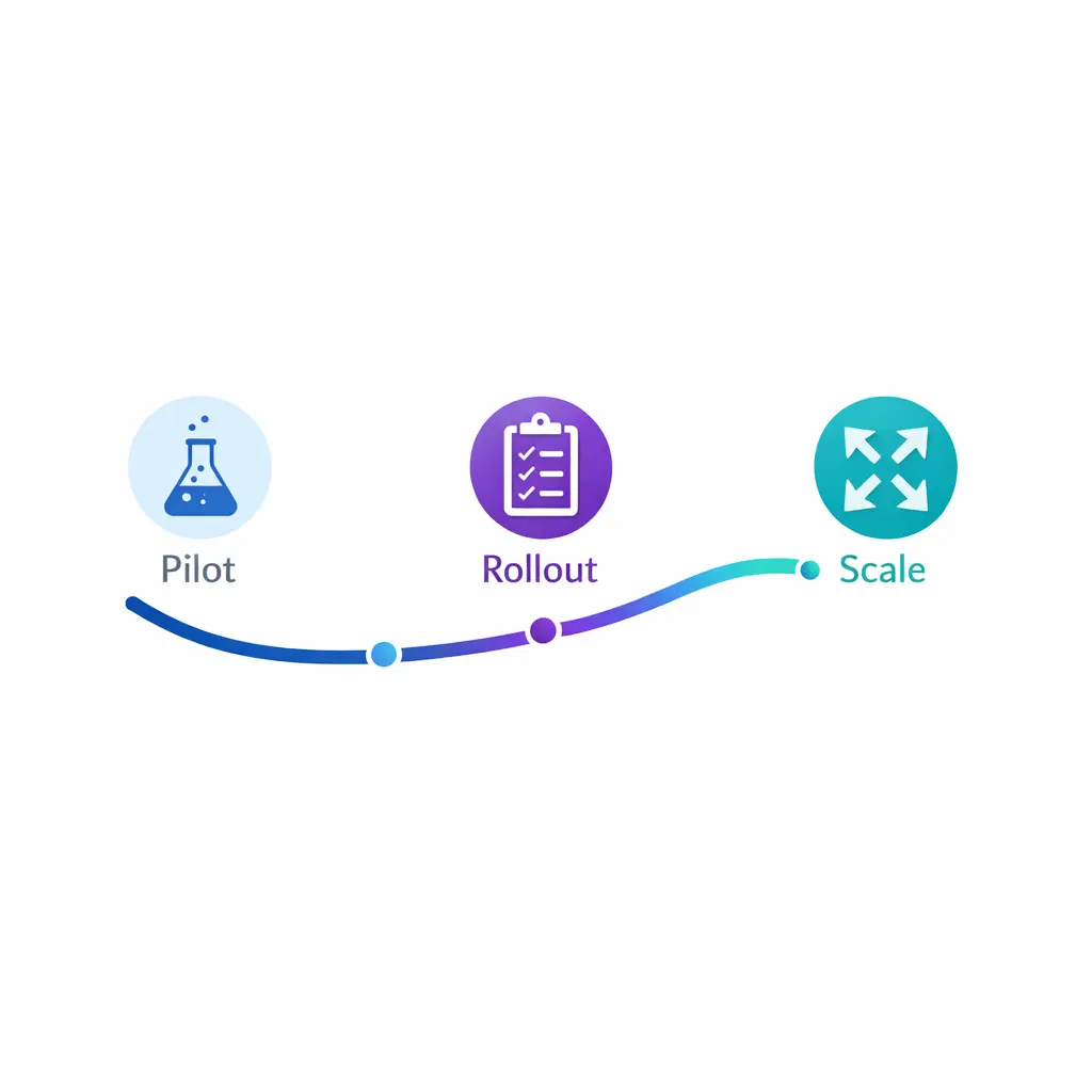 A three-step roadmap from pilot to rollout to scale with checkpoints and measured outcomes.