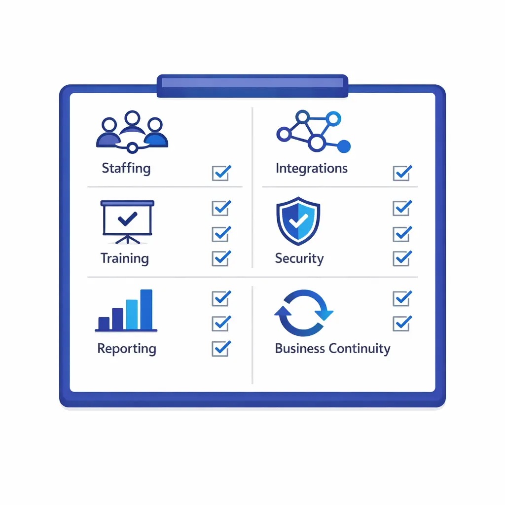 An enterprise checklist highlights staffing, integrations, security controls, and language-specific reporting for vendor selection.