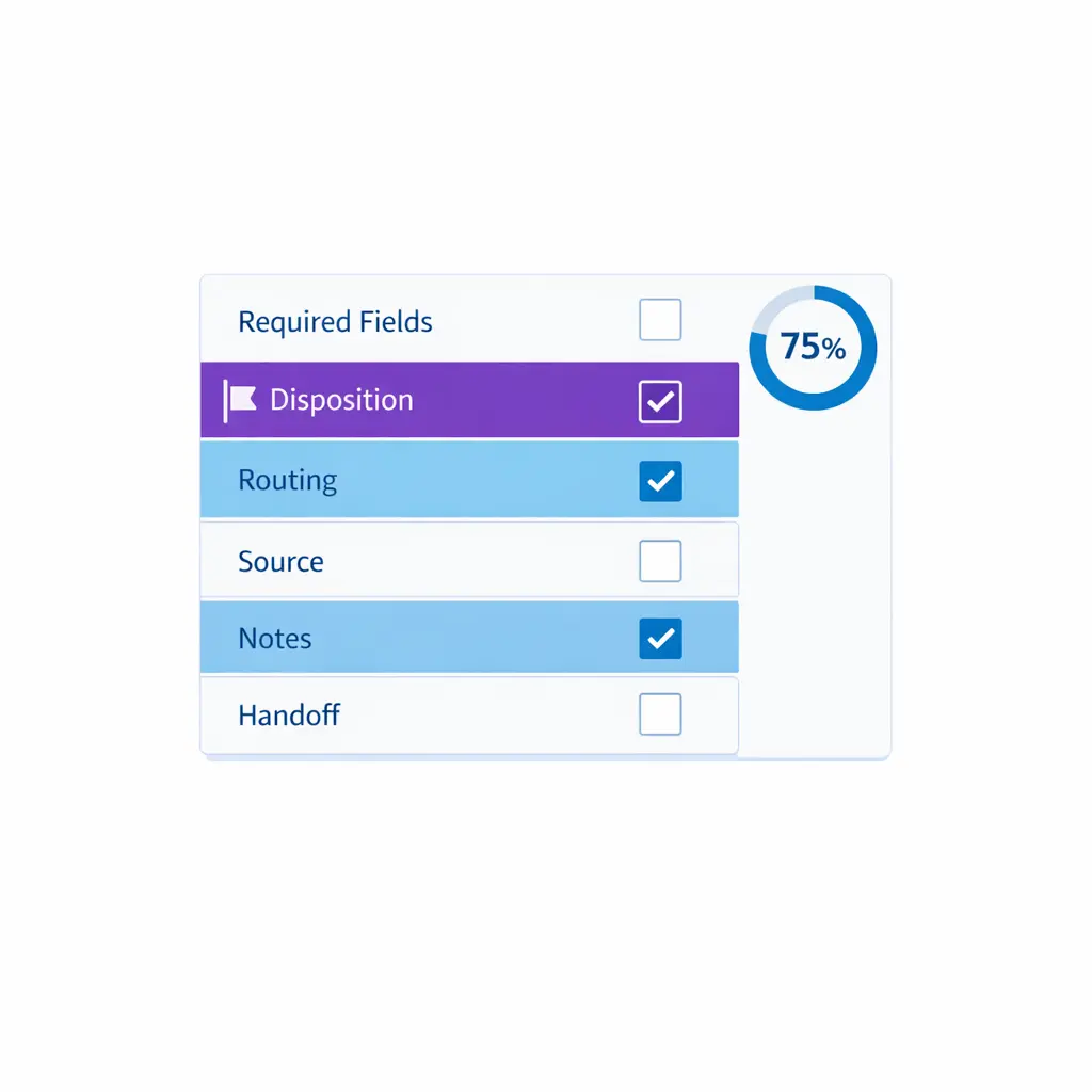A QA scorecard audits required fields, disposition accuracy, routing, and handoff success.