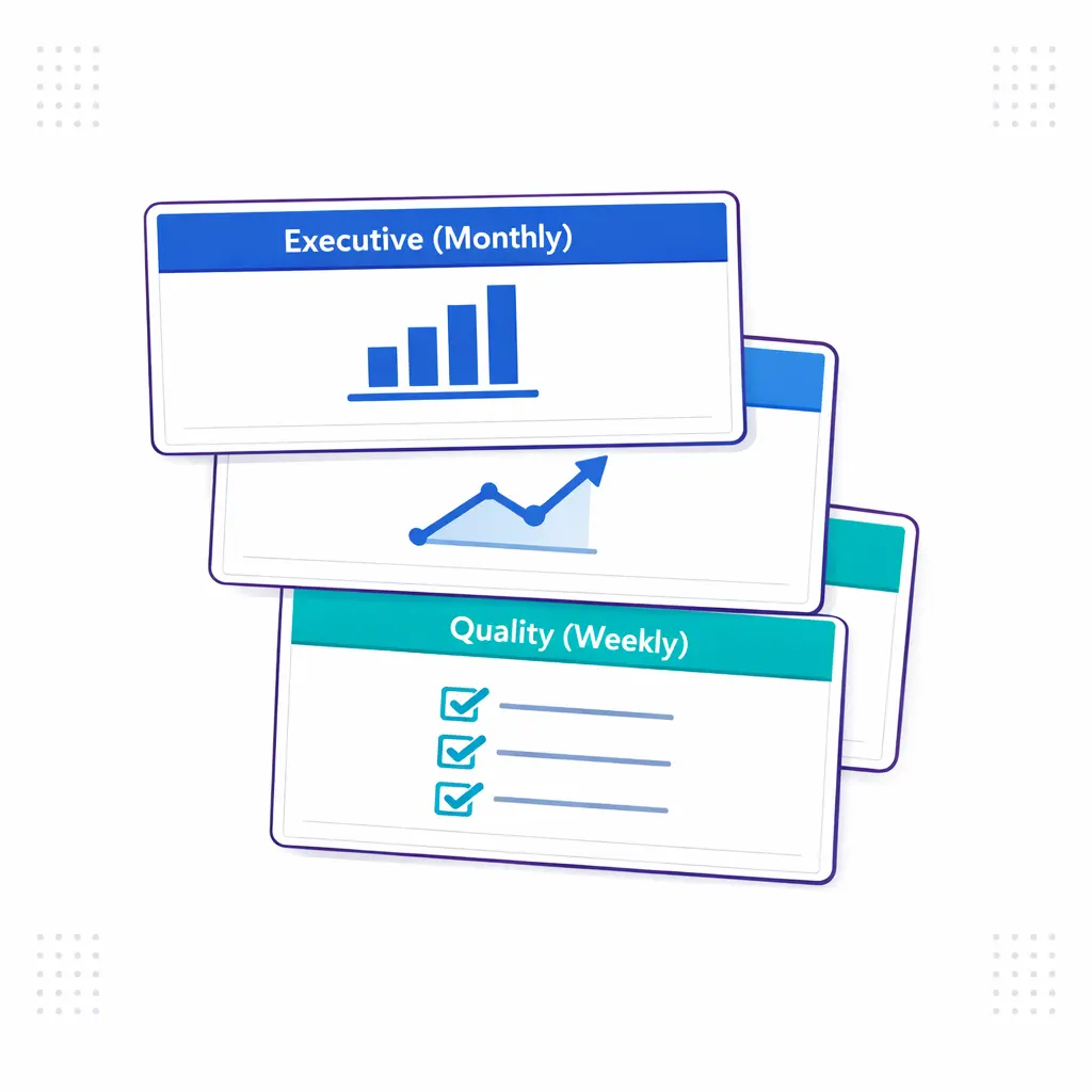 Three layered report cards represent executive monthly, ops weekly, and quality weekly dashboards.