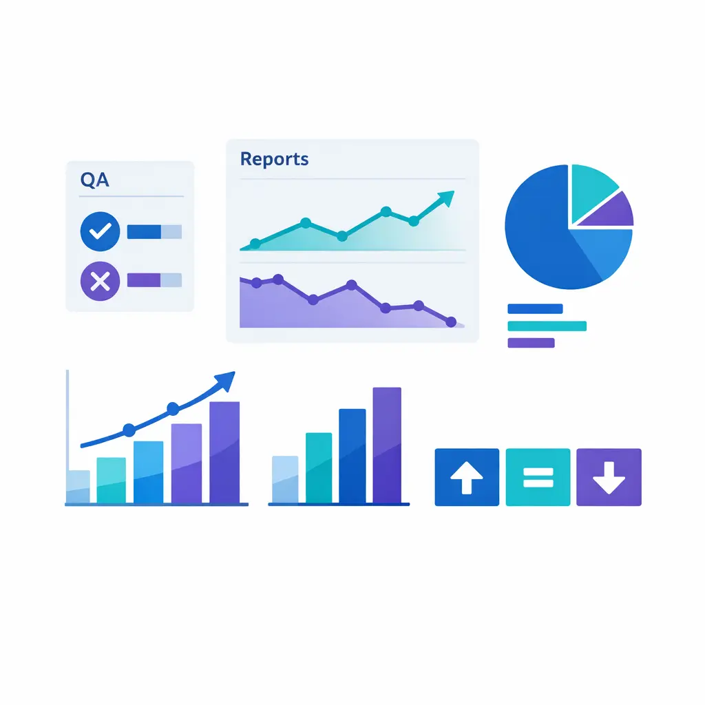 A clean reporting view shows service metrics, QA trends, staffing performance, and intake outcomes in one place.