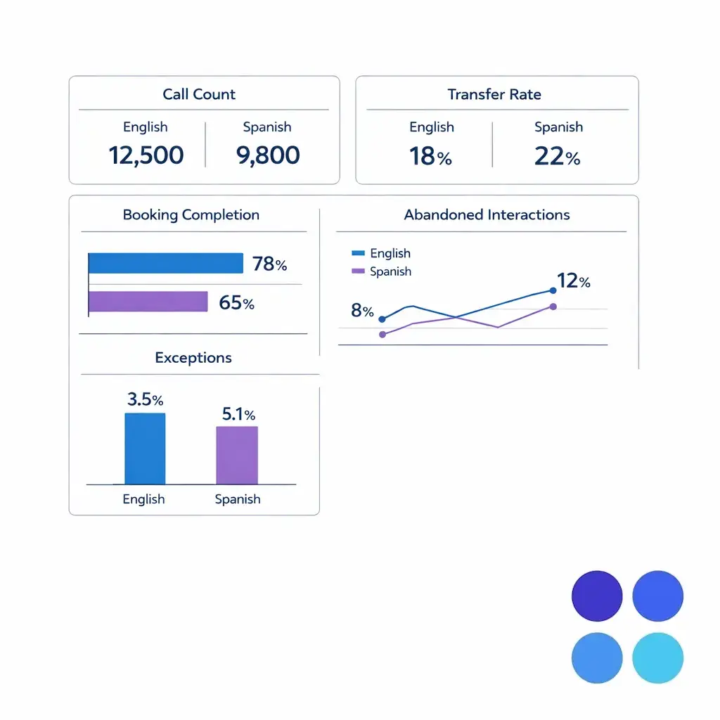 A dashboard-style chart highlights call volume, transfers, bookings, and exceptions separated by English and Spanish.