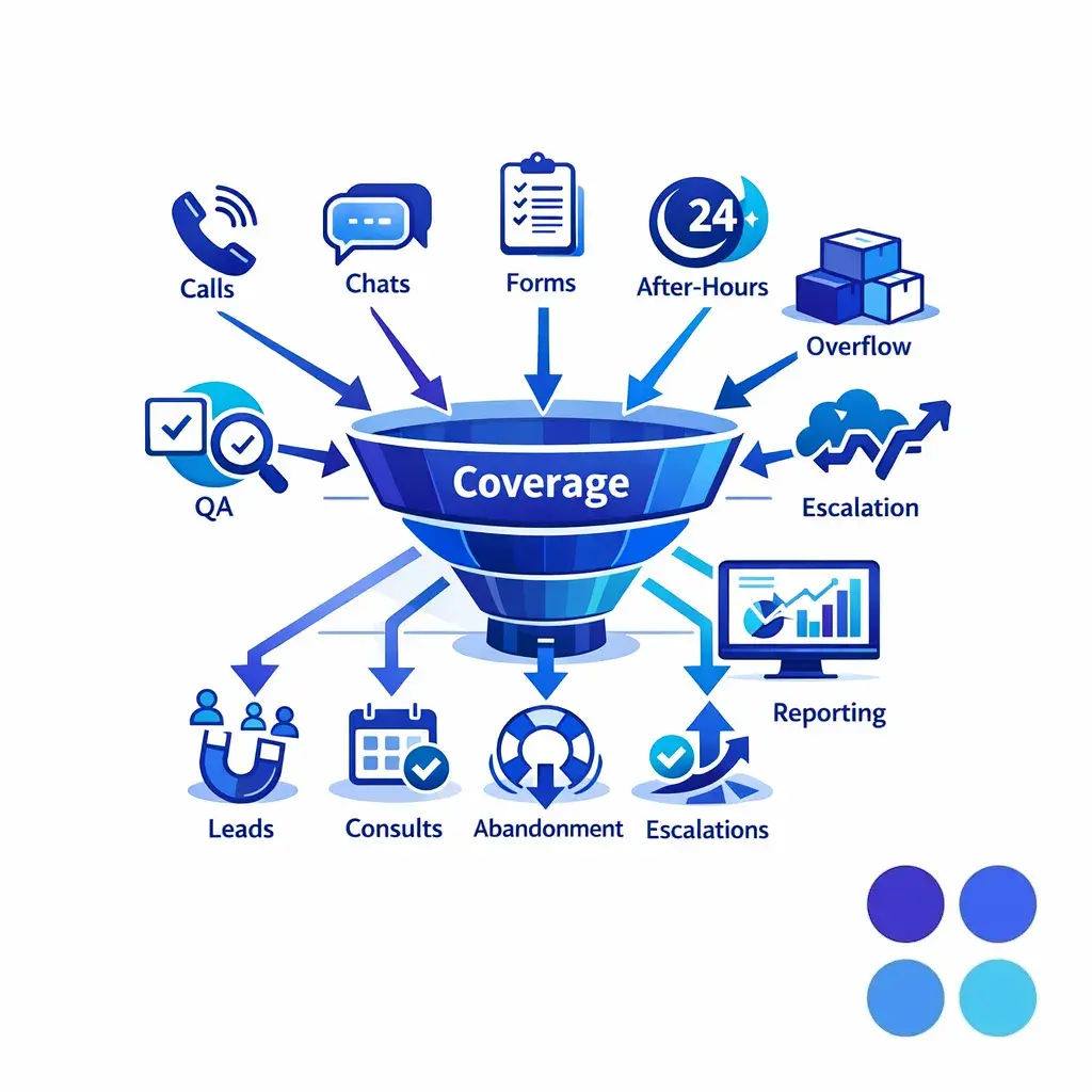 A unified coverage engine turns calls, chats, and forms into captured opportunities and fewer escalations.