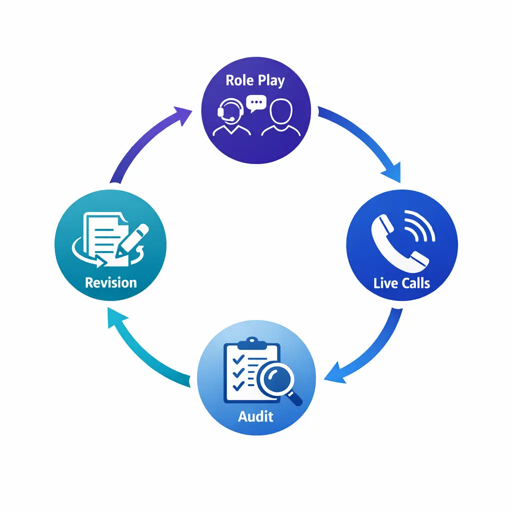 A circular improvement loop links practice, live calls, review, and script updates in a clean process graphic.