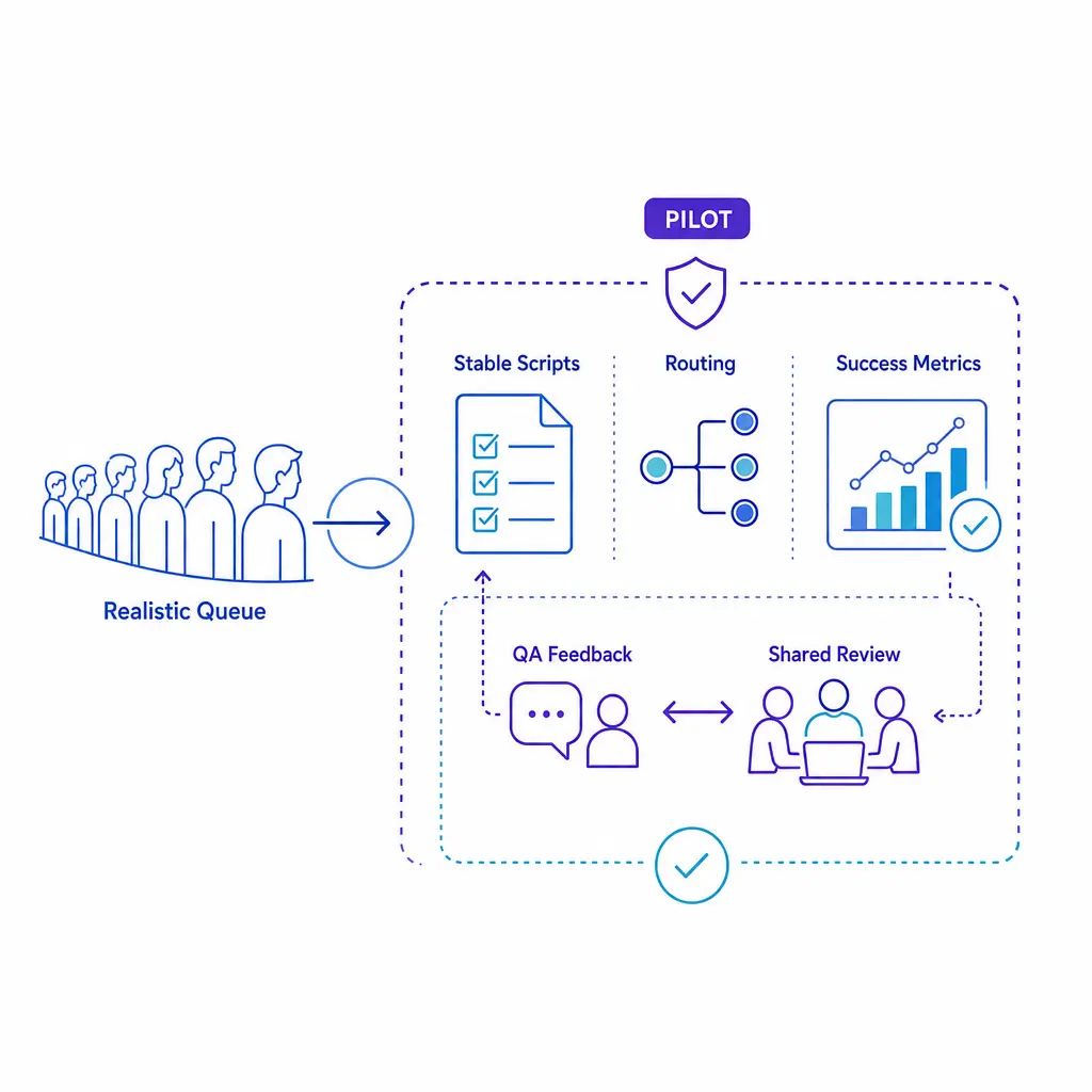 A pilot workflow is shown as a bounded test with stable inputs, clear success criteria, and joint review.