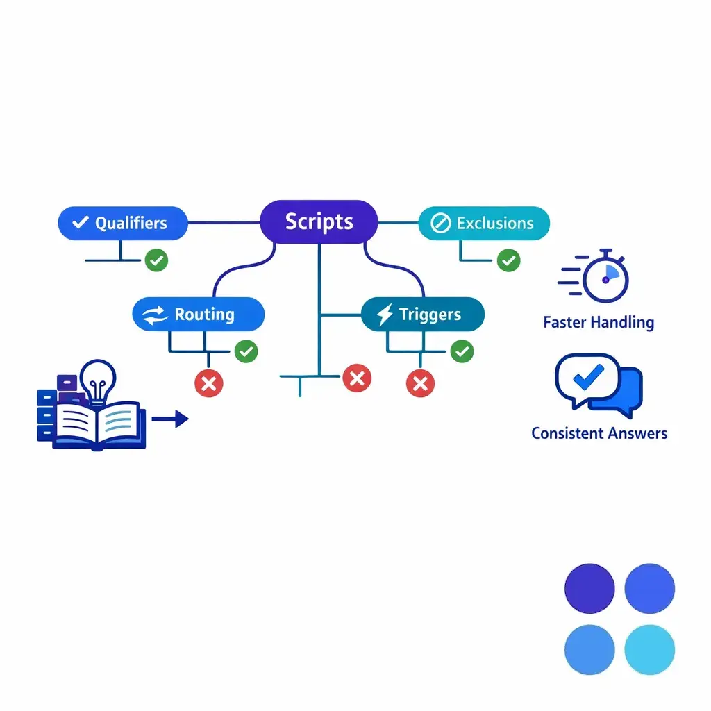 A knowledge tree guides agents through consistent intake questions and routing decisions.