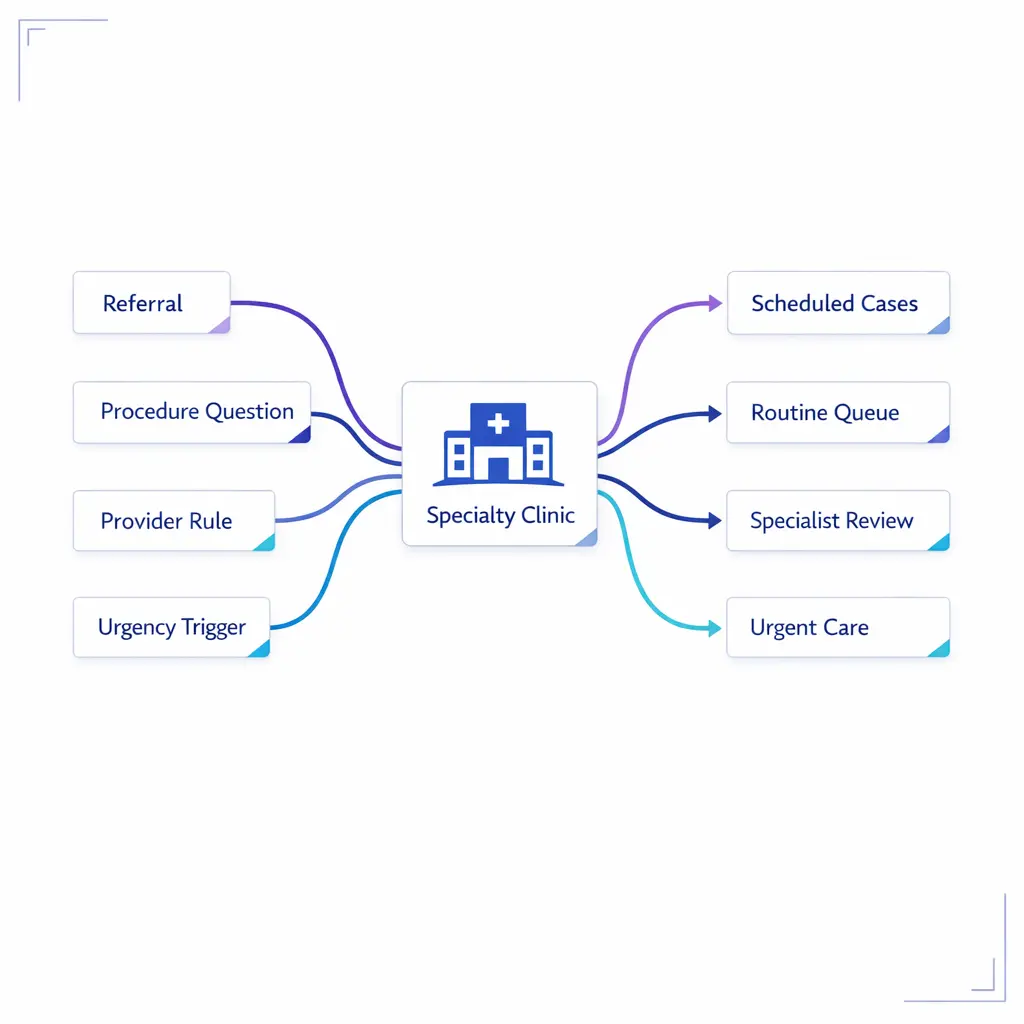 A layered route diagram sorts referrals, procedures, provider rules, and urgency triggers for specialty clinics.