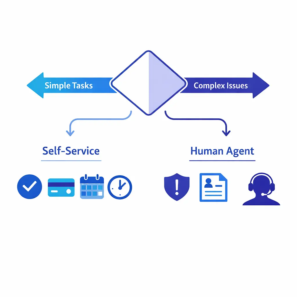 Simple tasks like status checks and confirmations branch to self-service while complex issues go to an agent.