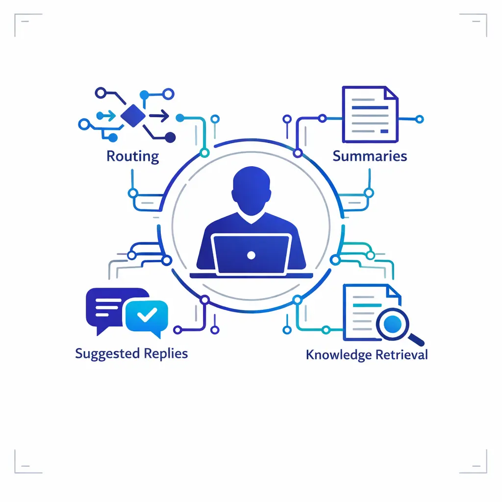 A human-led workflow uses AI for routing, summaries, and knowledge retrieval under clear oversight.