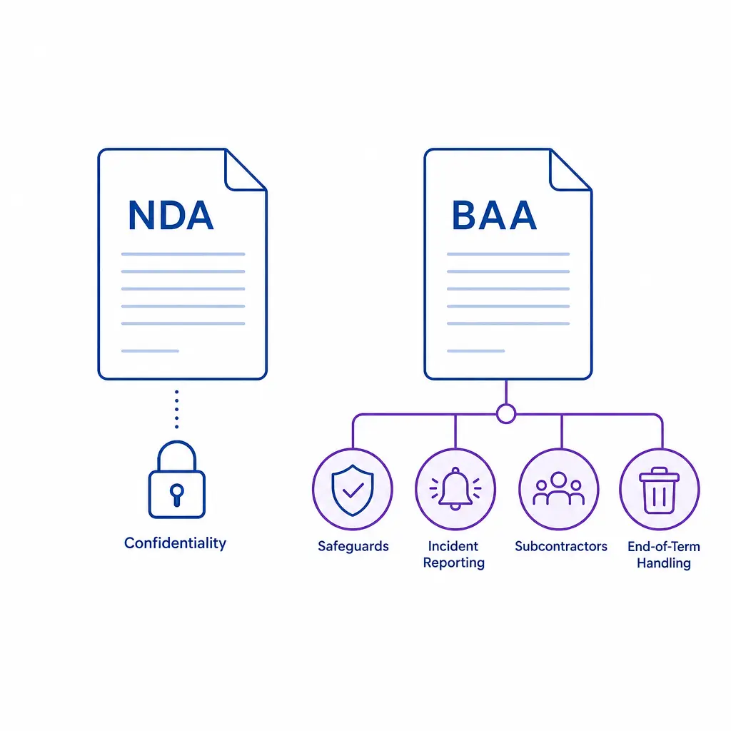 Two side-by-side documents compare general confidentiality with workflow-specific patient data obligations.