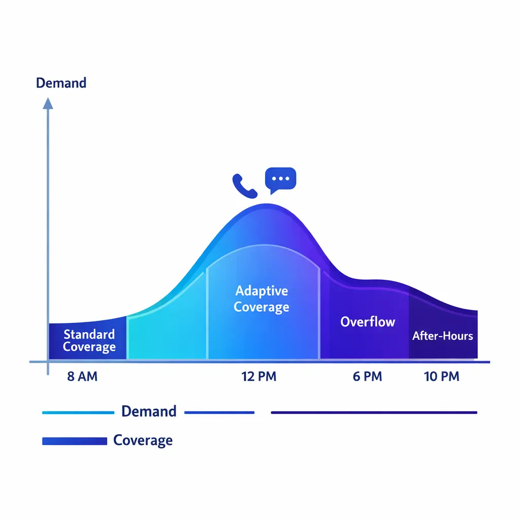 A demand curve rises outside office hours while flexible coverage blocks expand to match it.