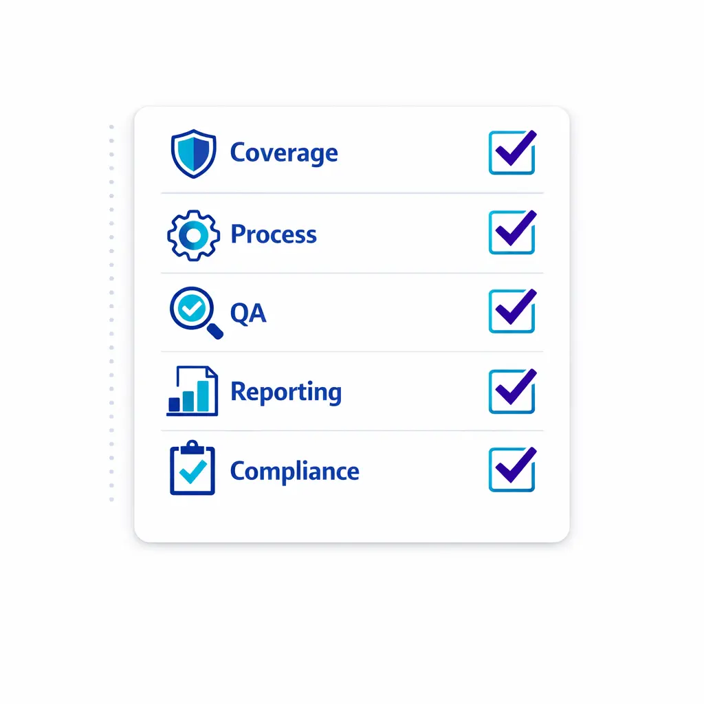 A concise checklist of decision criteria icons for coverage, process, QA, reporting, and compliance.