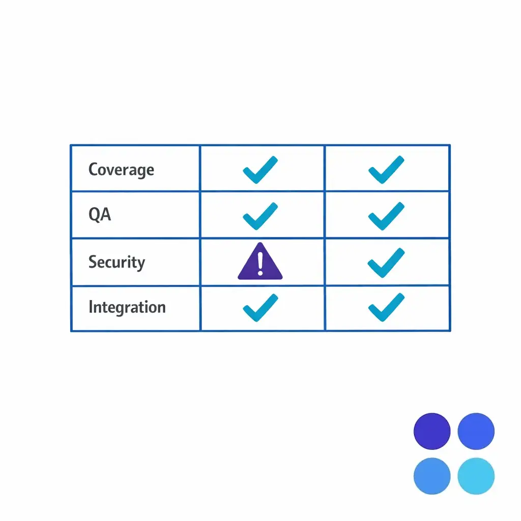 A scorecard compares vendors across coverage, QA, security, and integration criteria.