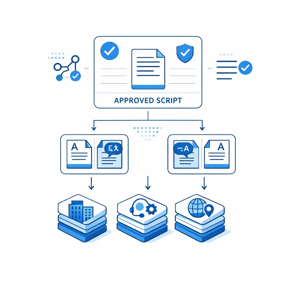 Version-controlled script cards show how different locations and service lines stay aligned in English and Spanish.