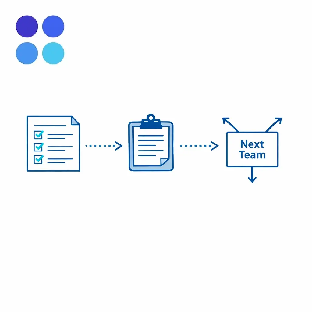 A form and clipboard flow into a routed destination box, indicating complete notes and correct routing.
