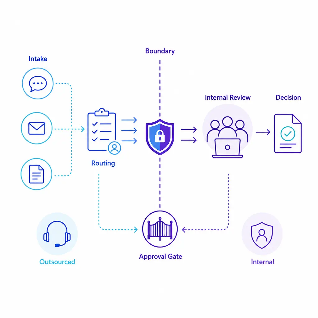 A compliance-aware diagram separates structured intake from protected professional judgment.