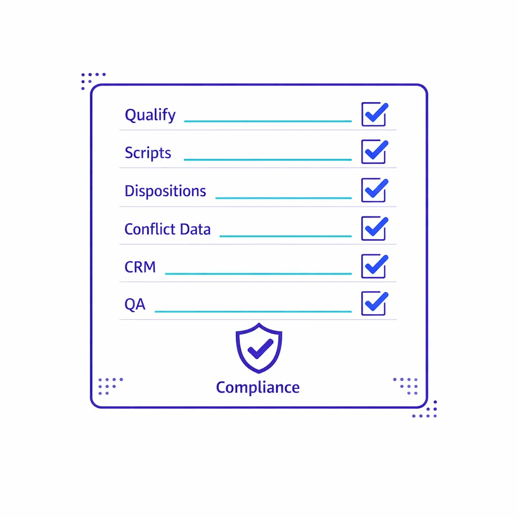 A concise checklist summarizes qualification, scripts, dispositions, CRM, QA, and compliance steps.