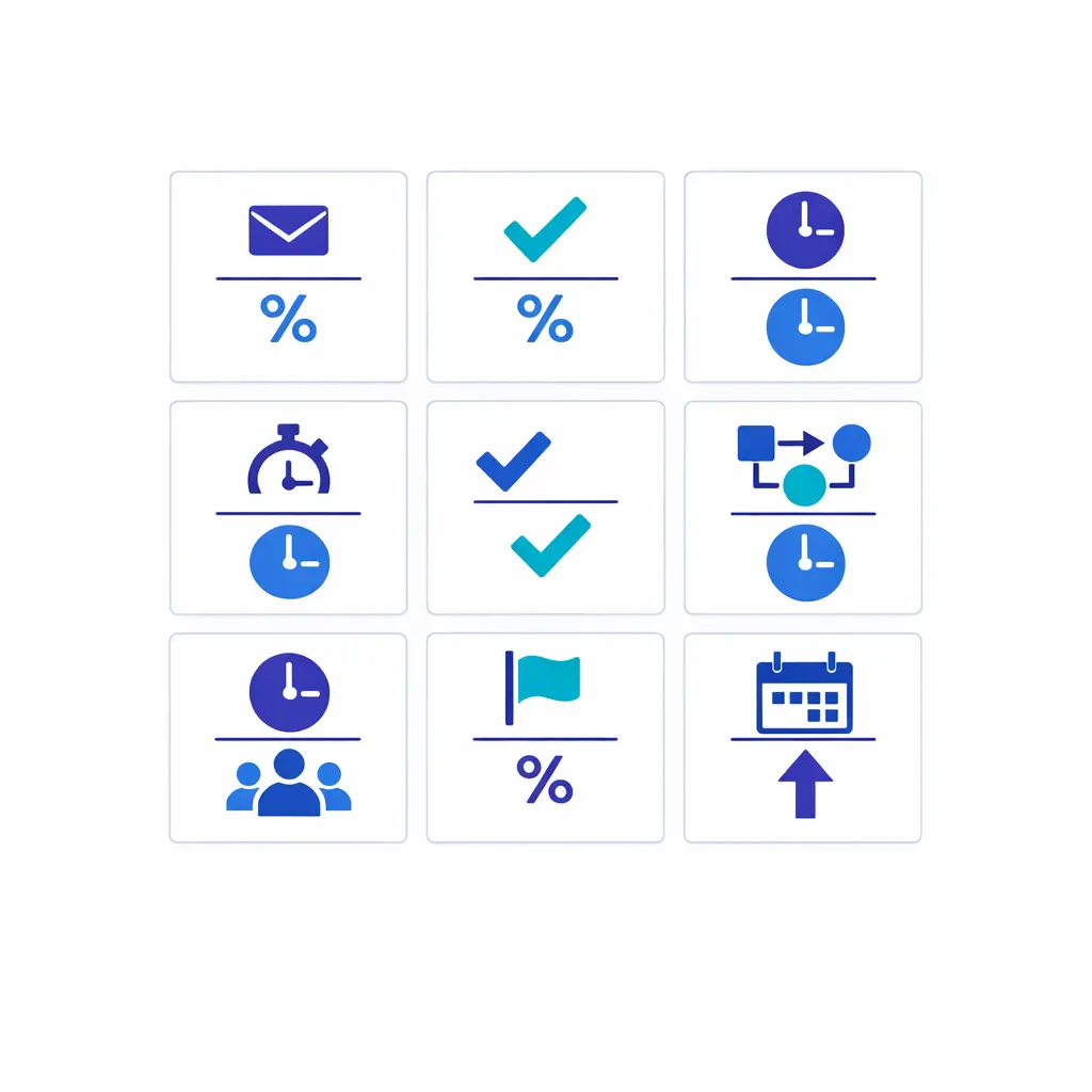 A neat matrix of metric cards and ratio symbols represents practical formulas for enterprise service KPIs.