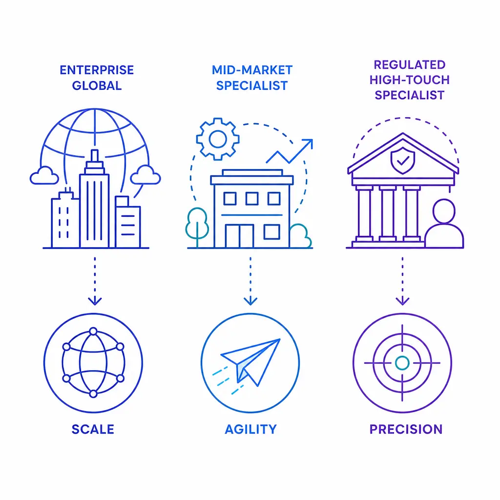Three provider categories are mapped to different needs: global scale, mid-market agility, and specialist precision.
