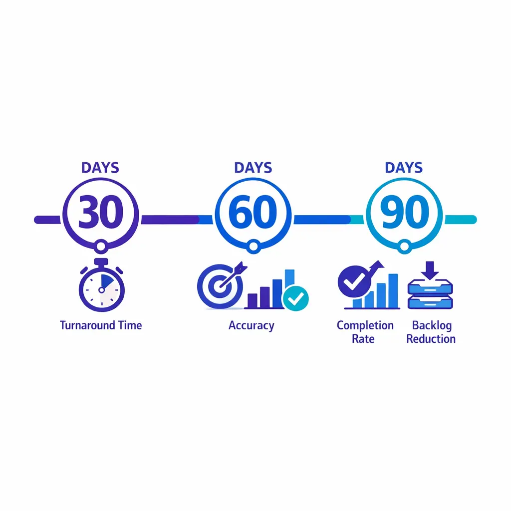 A milestone timeline tracks turnaround, accuracy, completion rate, and backlog reduction across 30, 60, and 90 days.