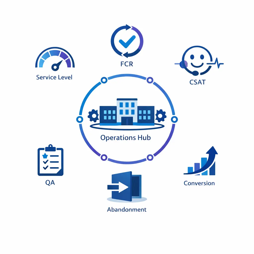 Six key KPI icons orbit a central operations hub for service level, FCR, CSAT, QA, abandonment, and conversion.