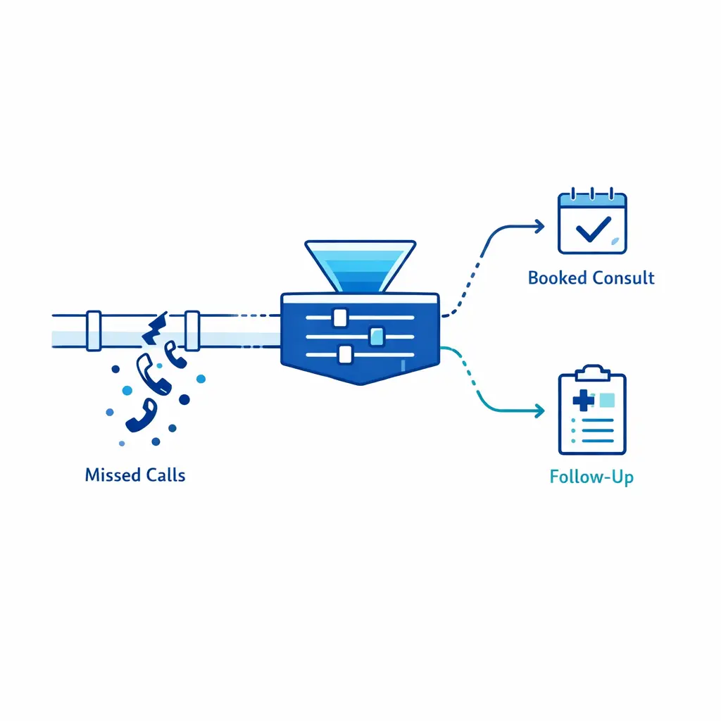 A visual leak from missed calls is sealed by live coverage and structured follow-up steps.